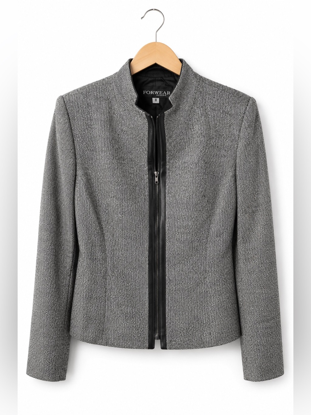 Forwear Gray Herringbone Tweed Blazer Jacket Leather Trim Career Size 8 Office